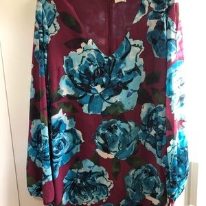 Burgundy long sleeve dress with turquoise flowers
